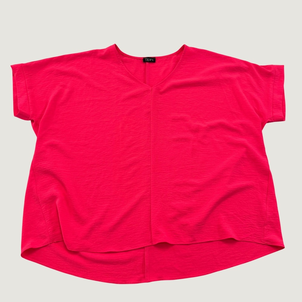 Spin USA Women's 3X Hot Pink V-Neck Oversized Tunic Blouse High Low Hem